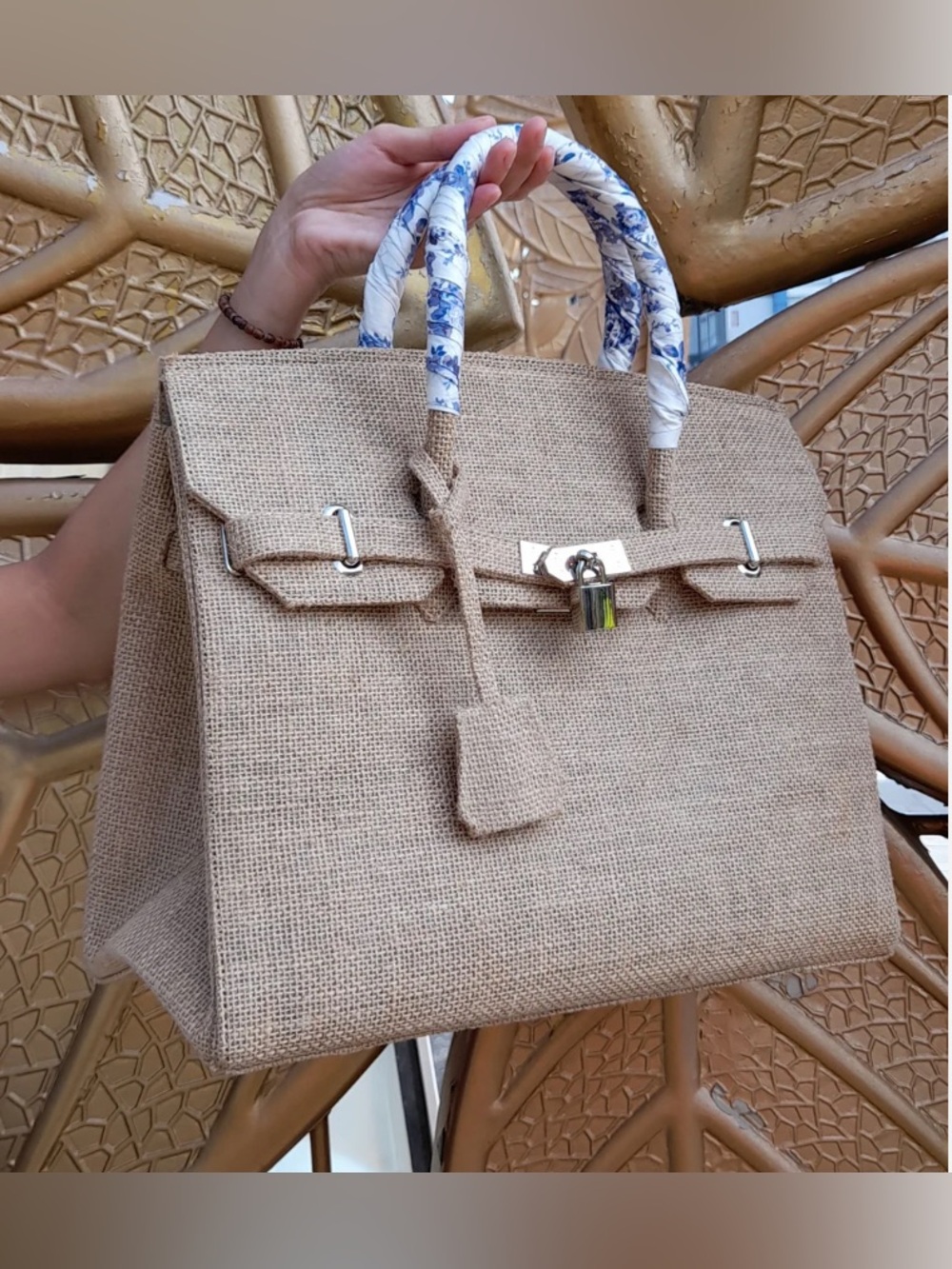 Birkin Style 35 Double Handle Satchel Tote - Natural Jute/Burlap - Picture 1 of 7